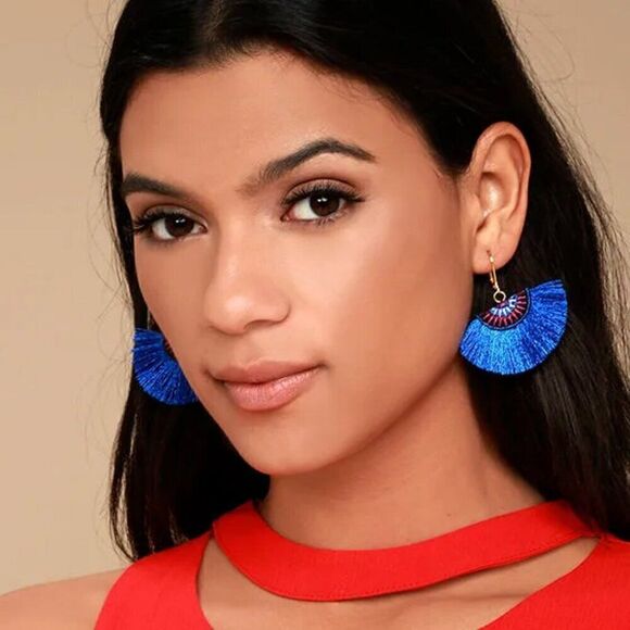 NWT Shashi Sophie Purple Earrings Fringe Woven Boho Embroidered Fan Tassel Gold - Picture 3 of 4